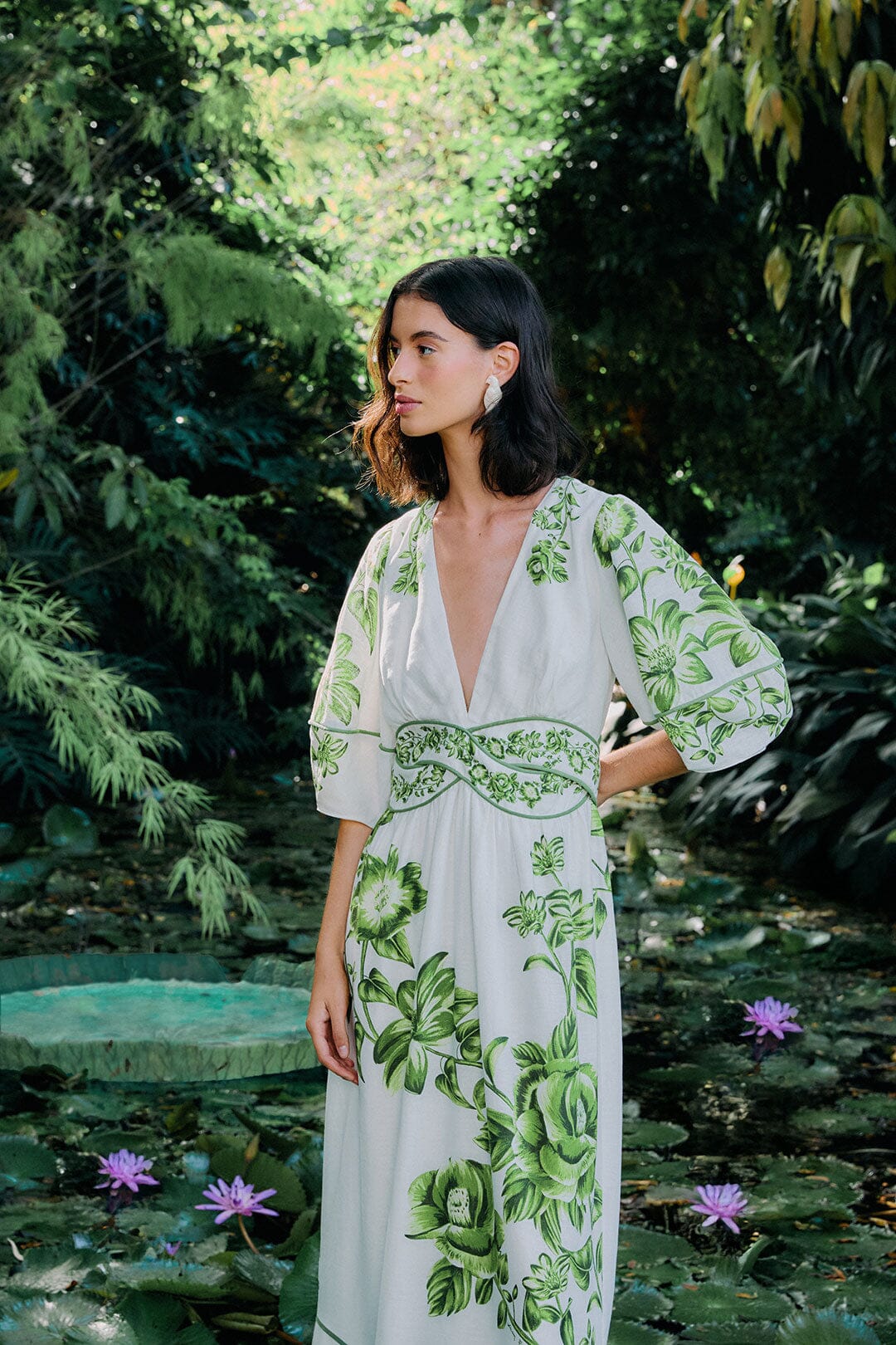 Off-White Green Floral Cascade Midi Dress FARM Rio Off-White Green Floral Cascade Midi Dress FARM Rio