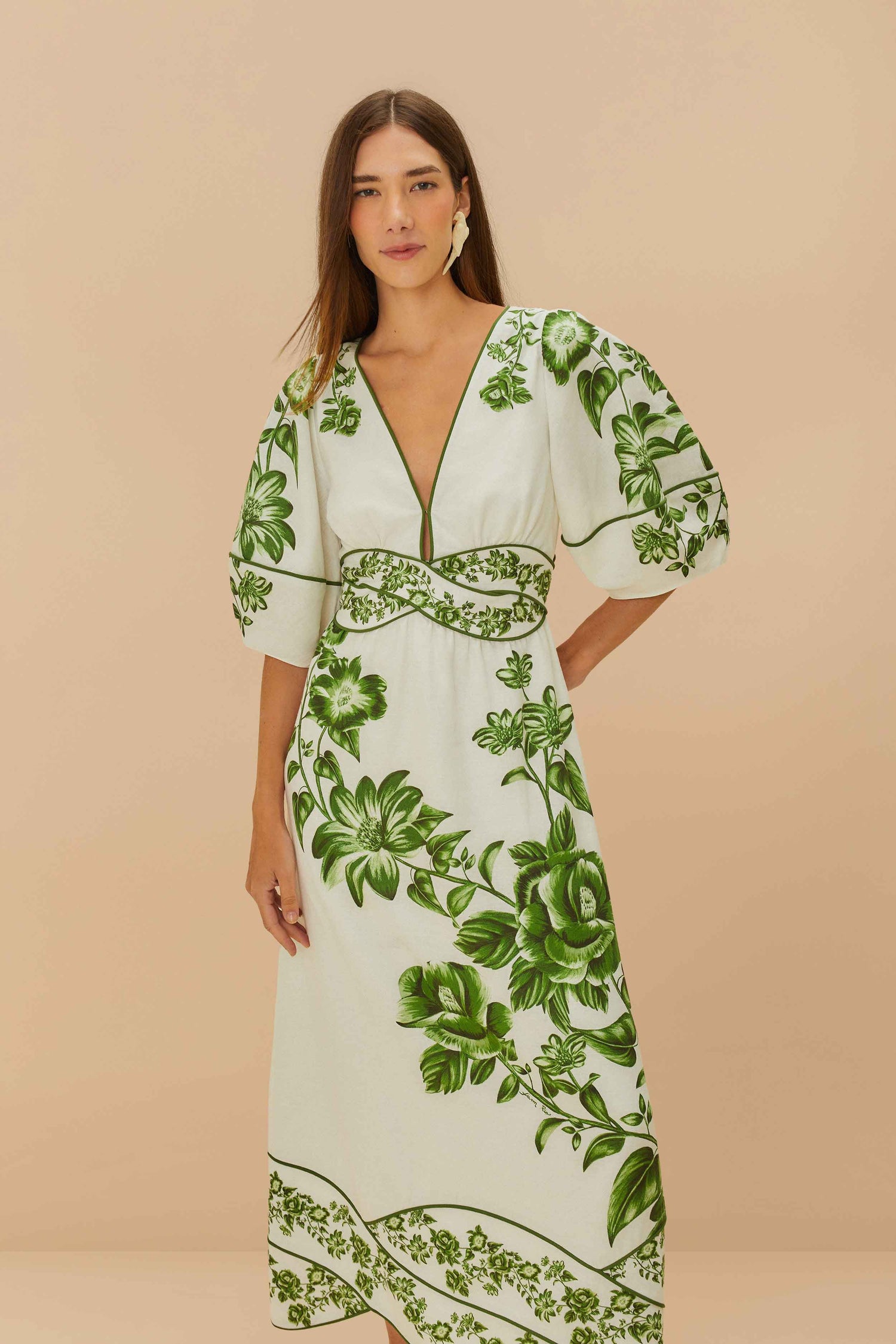 Off-White Green Floral Cascade Midi Dress FARM Rio Off-White Green Floral Cascade Midi Dress FARM Rio