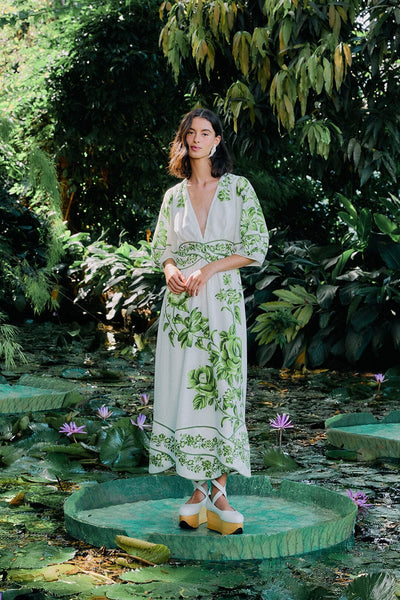 Off-White Green Floral Cascade Midi Dress FARM Rio Off-White Green Floral Cascade Midi Dress FARM Rio