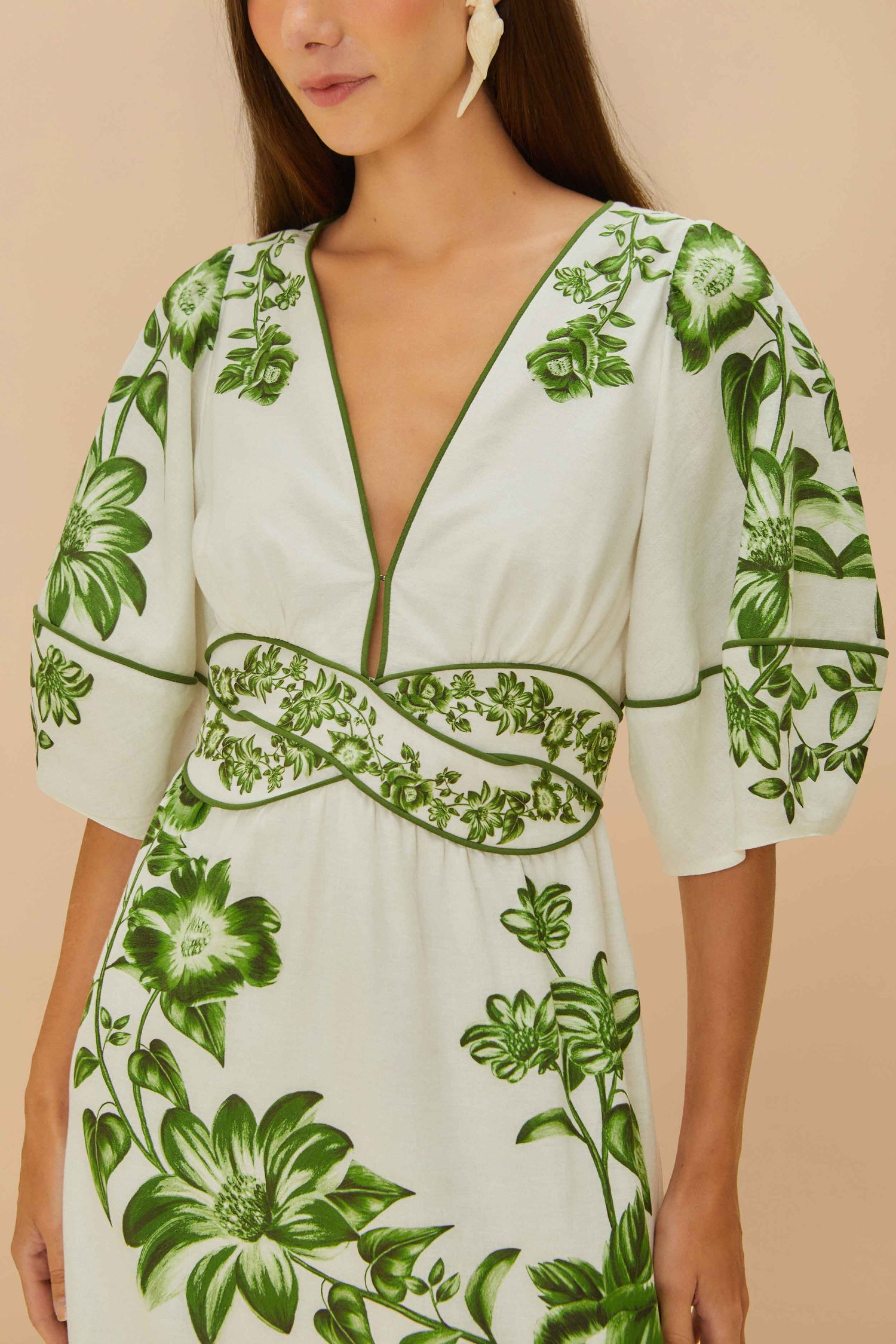 Off-White Green Floral Cascade Midi Dress FARM Rio Off-White Green Floral Cascade Midi Dress FARM Rio