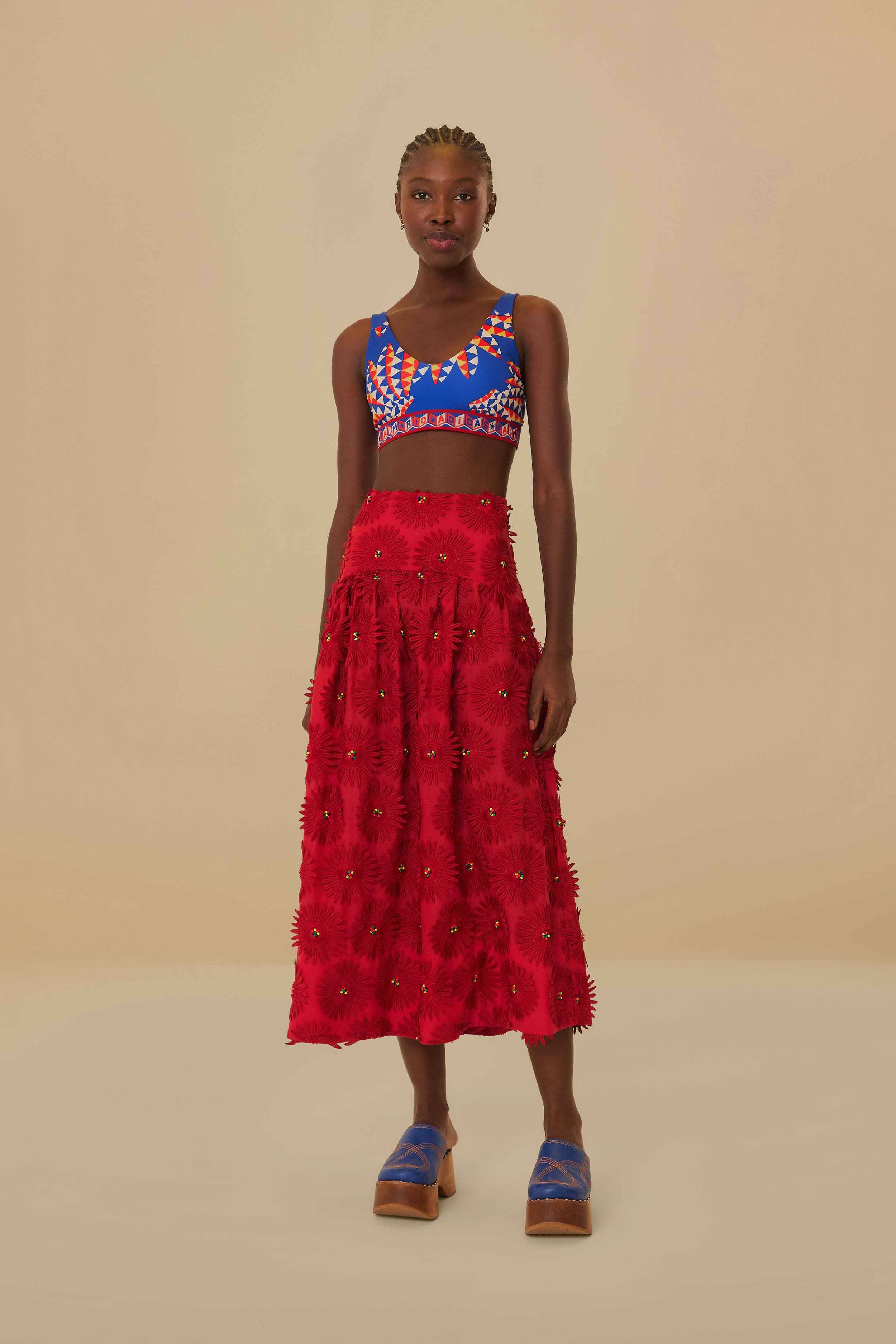 Red flower midi skirt sales