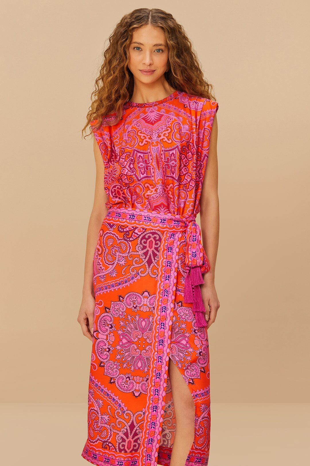 Jupe midi en viscose LENZING™ ECOVERO™ à motif cachemire rouge