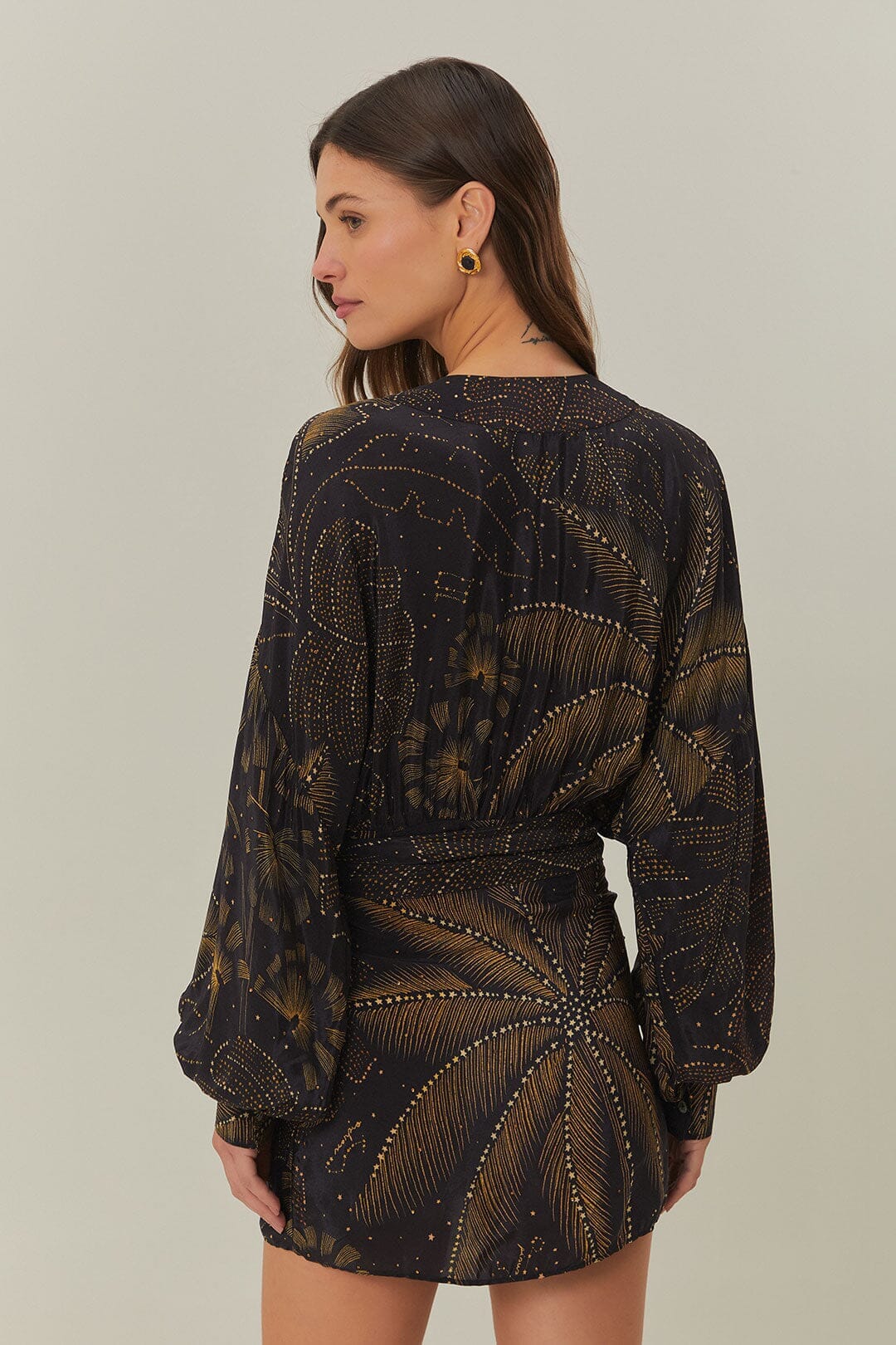 farm rio black golden foliage mini dress Farm Rio Puffy Sleeve Mini Dress