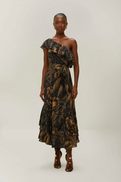 Black Golden Foliage One-Shoulder Maxi Dress FARM Rio Black Golden Foliage One-Shoulder Maxi Dress FARM Rio