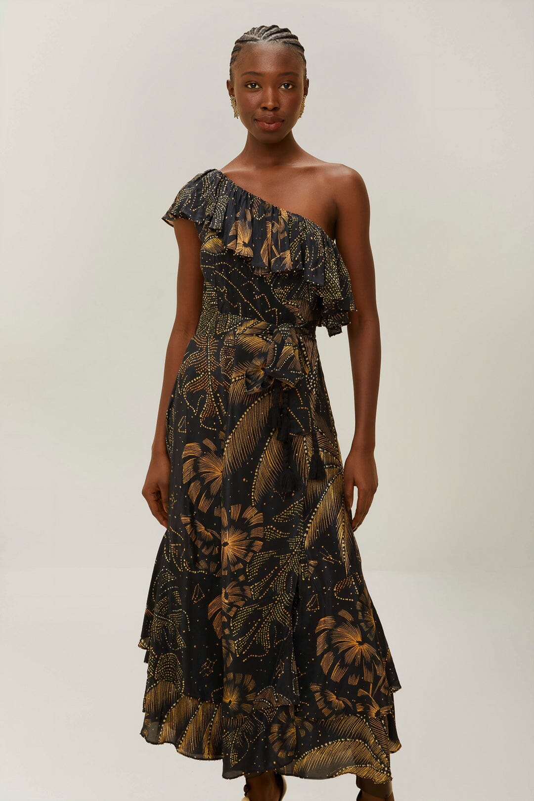 Black Golden Foliage One-Shoulder Maxi Dress FARM Rio Black Golden Foliage One-Shoulder Maxi Dress FARM Rio
