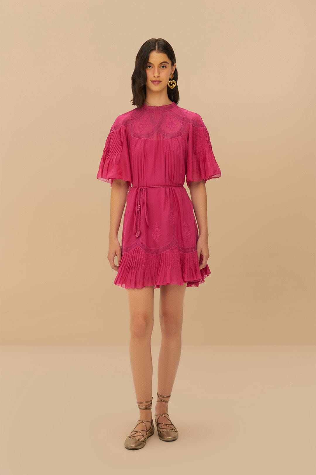 Pink Short Sleeve Ruched Mini Dress FARM Rio Pink Short Sleeve Ruched Mini Dress FARM Rio