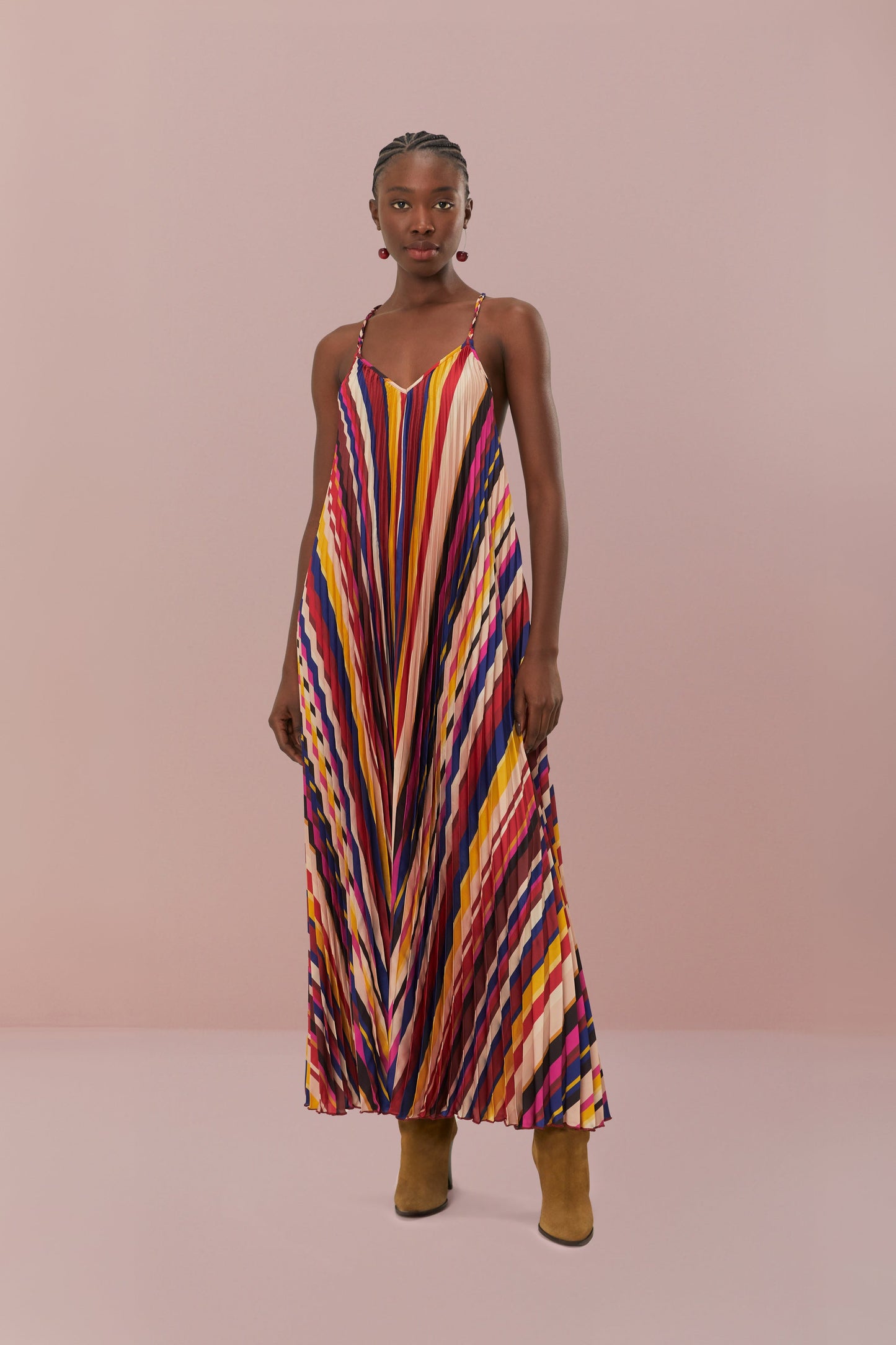 Multicolor Diagonal Stripes Pleated Stripes Midi Dress