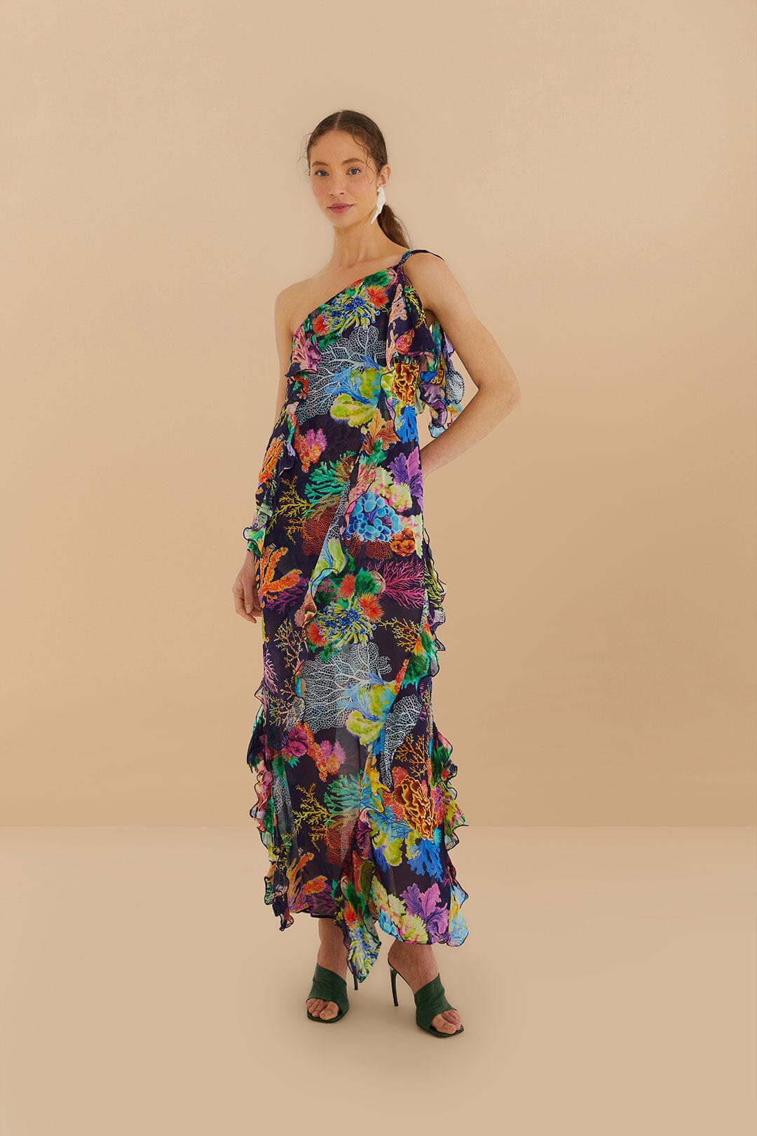 Navy Blue Vibrant Coral Garden One-Shoulder Maxi Dress