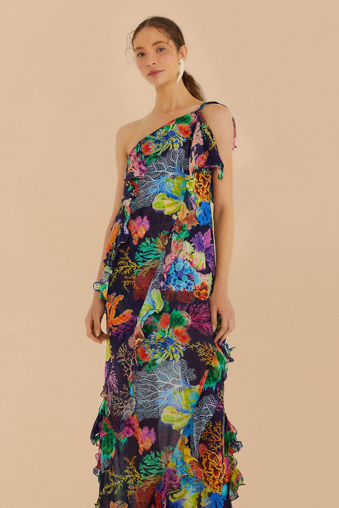 Navy Blue Vibrant Coral Garden One-Shoulder Maxi Dress