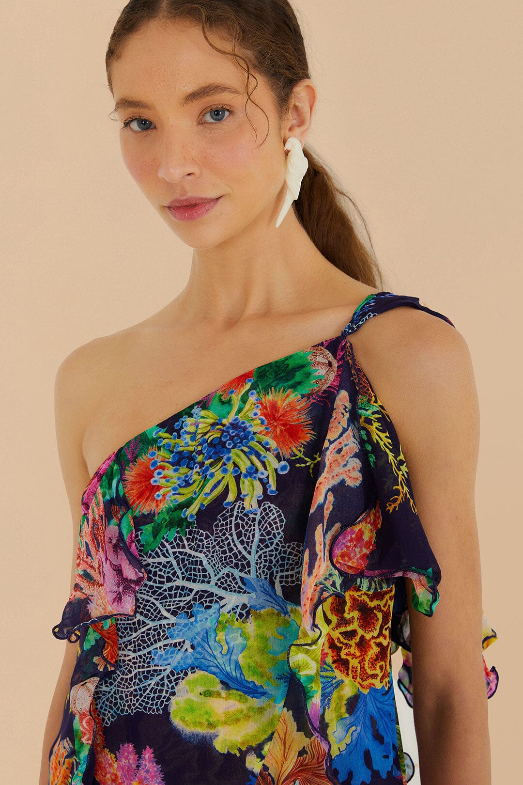 Navy Blue Vibrant Coral Garden One-Shoulder Maxi Dress