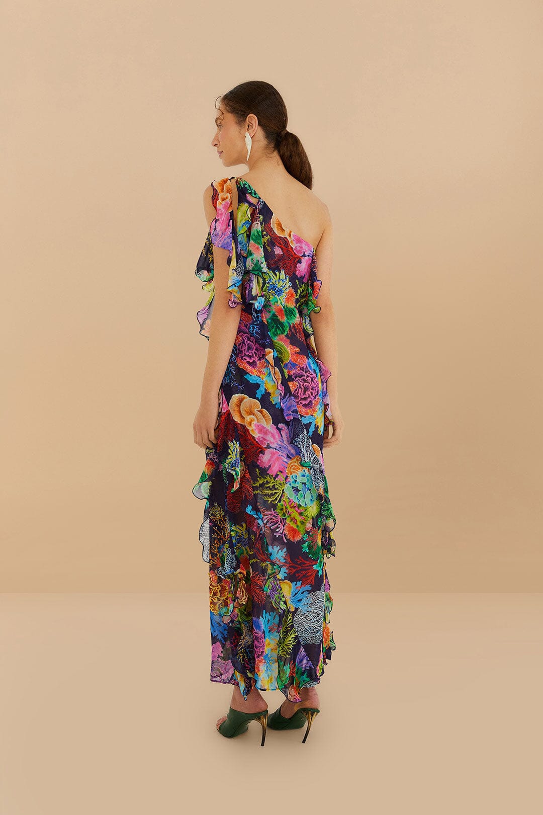 Navy Blue Vibrant Coral Garden One-Shoulder Maxi Dress