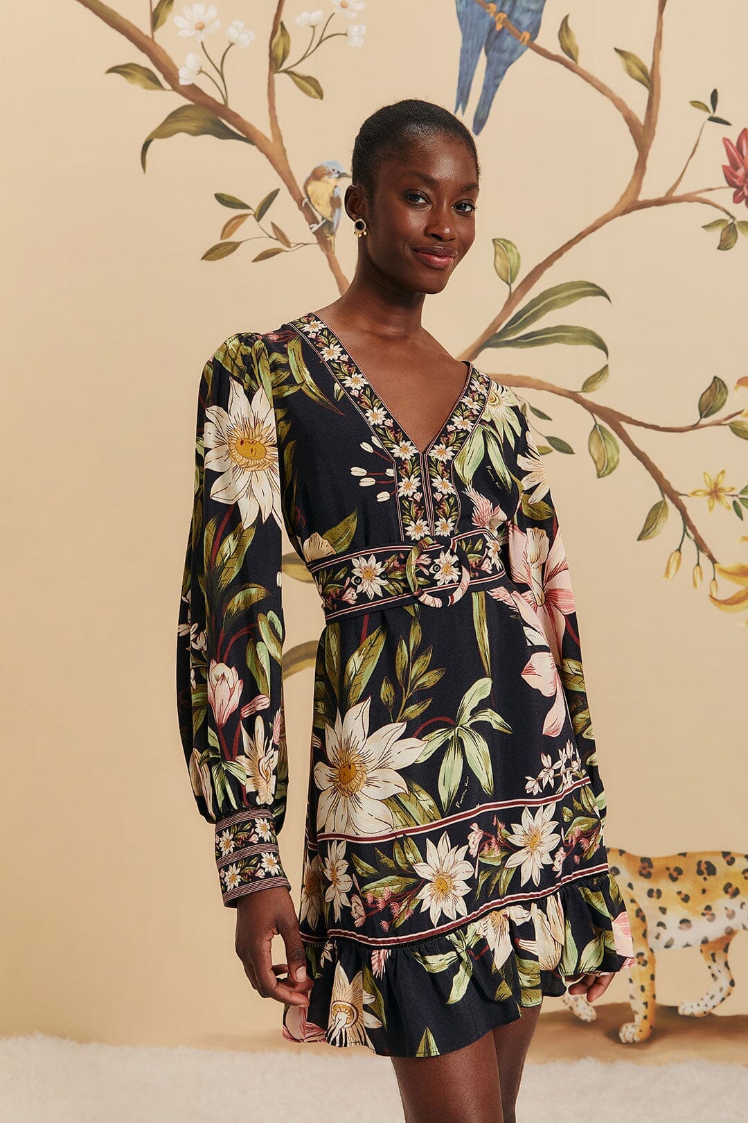 farm rio black stitched flowers long sleeve mini dress Stitched Flowers Black Long Sleeve Mini Dress The RiverLane