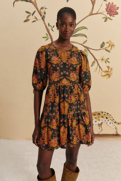 black arabesque floral puff sleeve mini dress – FARM Rio Bottom Size:29x34 36” Petite length WHITEPARTY26 Jarlo embroidered mesh tube