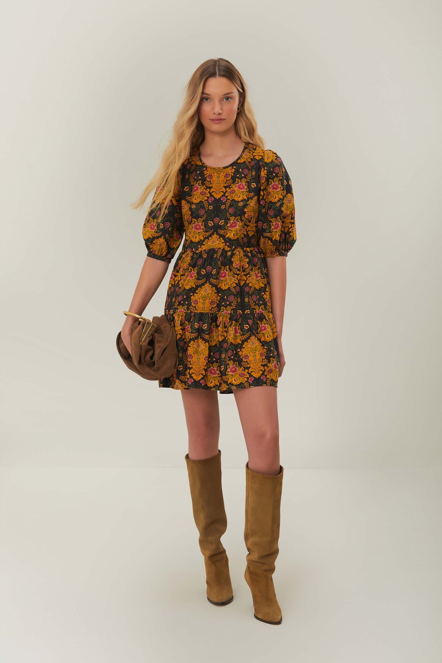 Black Arabesque Floral Puff Sleeve Mini Dress FARM Rio Black Arabesque Floral Puff Sleeve Mini Dress FARM Rio