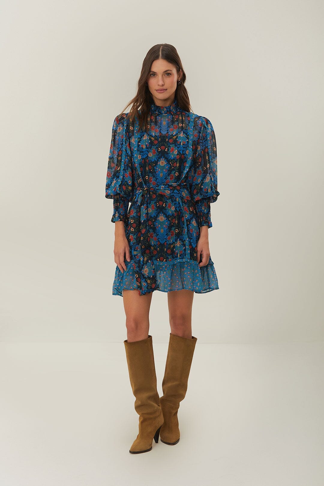 Blue Arabesque Floral High Neck Mini Dress FARM Rio Blue Arabesque Floral High Neck Mini Dress FARM Rio