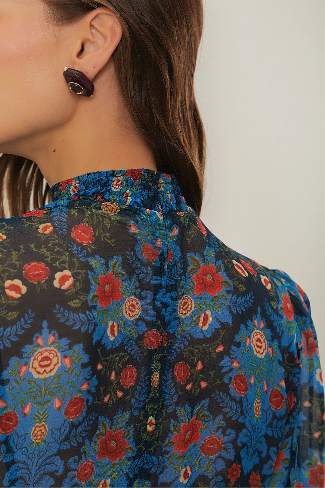 farm rio arabesque floral long-sleeve high-neck mini dress Farm Rio Arabesque Floral Long-Sleeve High-Neck Mini Dress