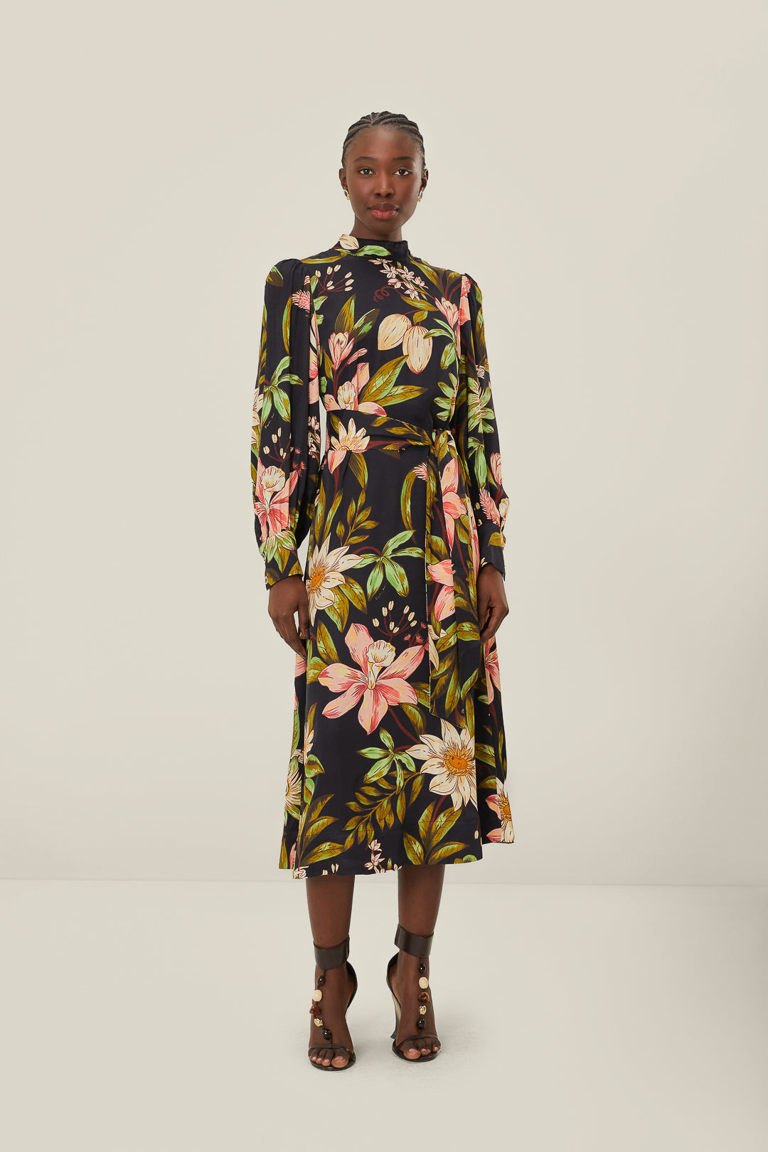 Black Surreal Flowers High Neck Midi Dress