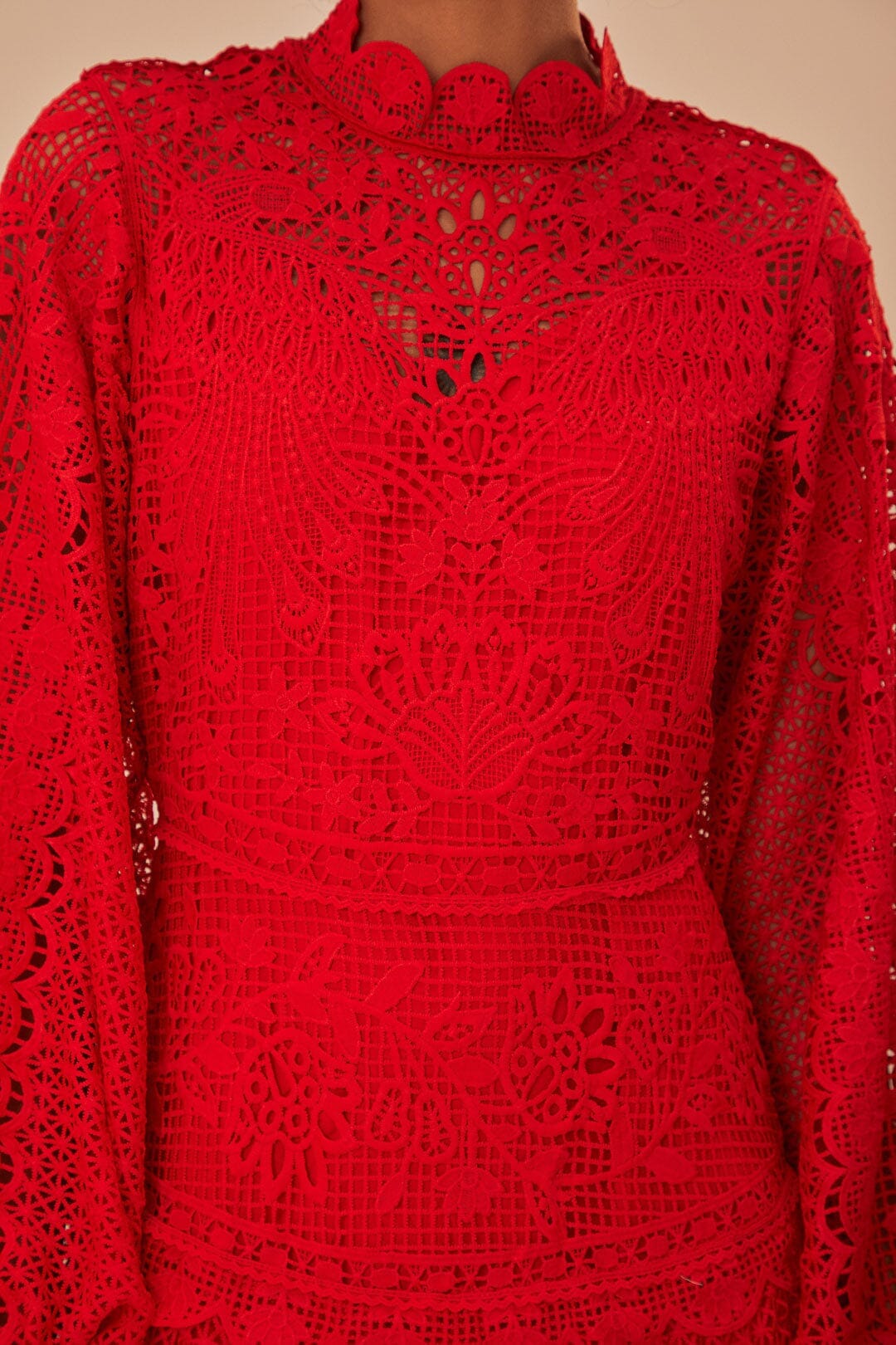 Red Guipire Long Sleeve Maxi Dress FARM Rio Red Guipire Long Sleeve Maxi Dress FARM Rio