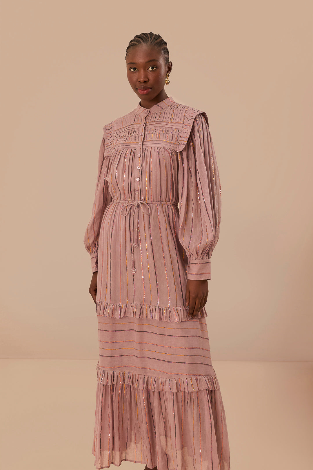 Light Pink Pleated Yoke Tiered Maxi Dress