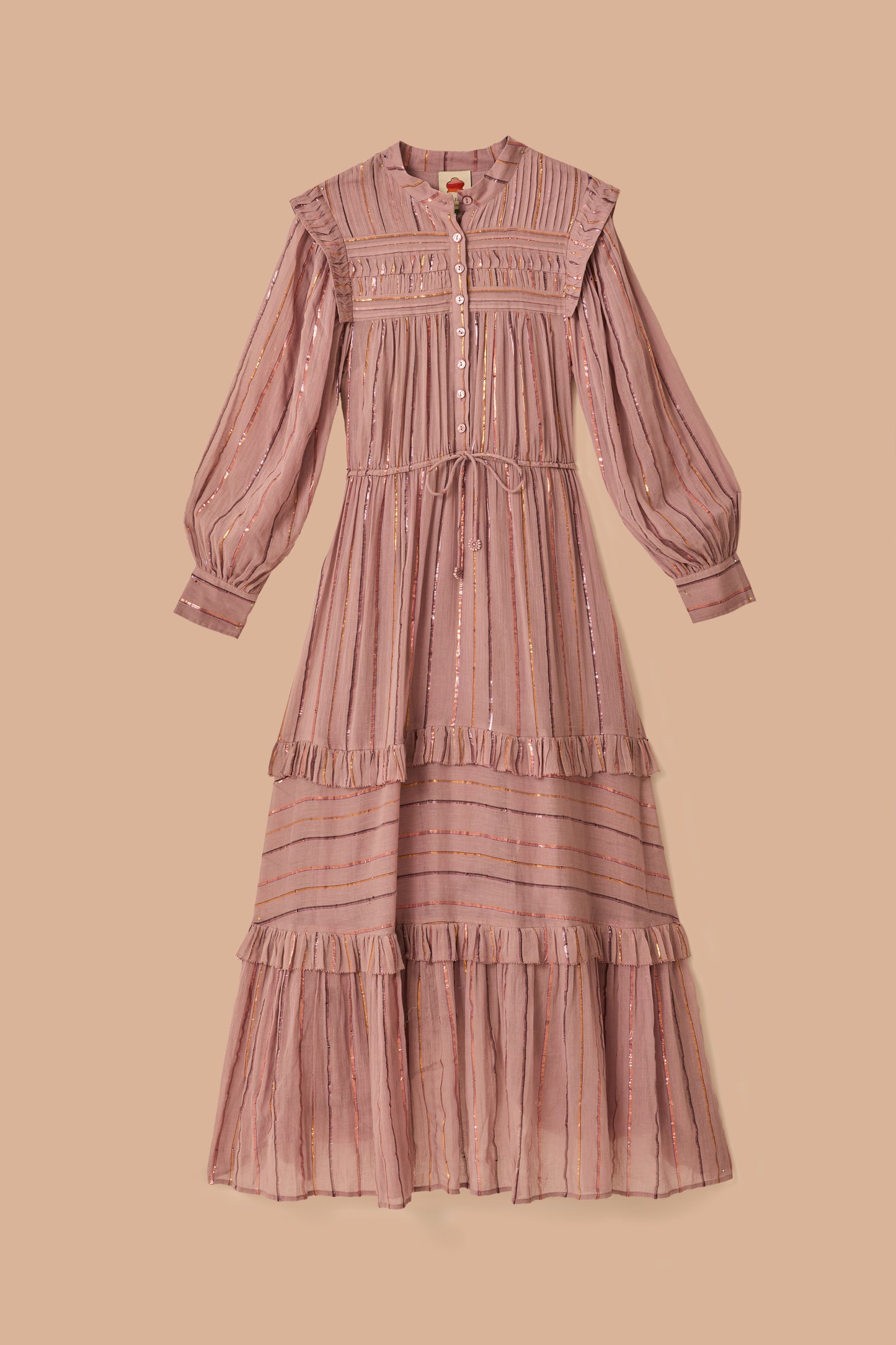 Robe longue plissée rose clair à volants