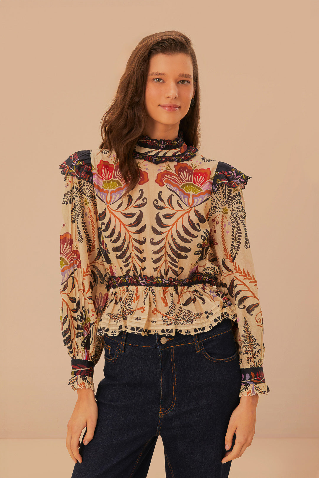 Classic Nature Sand Ruffled Long Sleeve Blouse