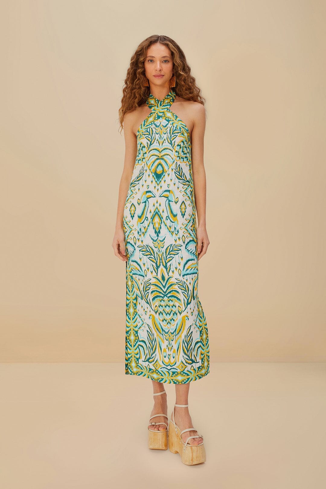 ROBE LONGUE DOS-NUISETTE BLANC CASSÉ À TAPISSERIE TROPICALE