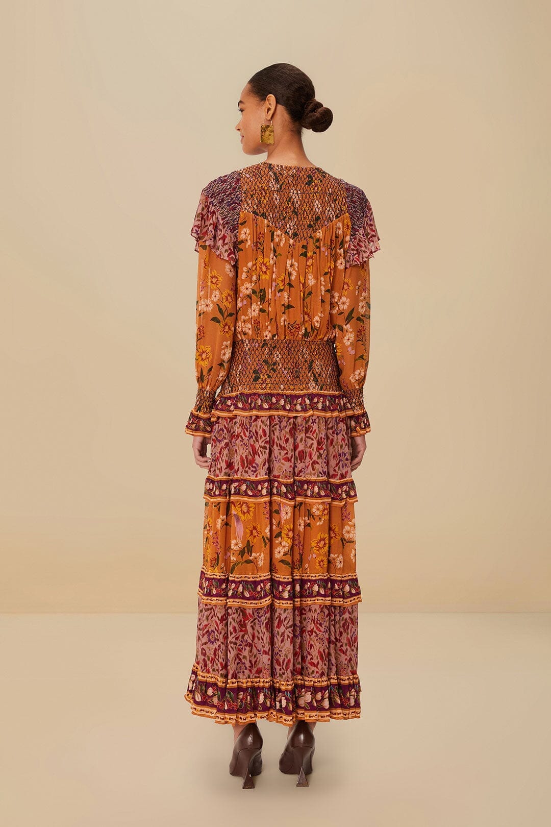 camel colored maxi dress Colorful Birds Camel Smocking Long Sleeve Maxi Dress – FARM Rio