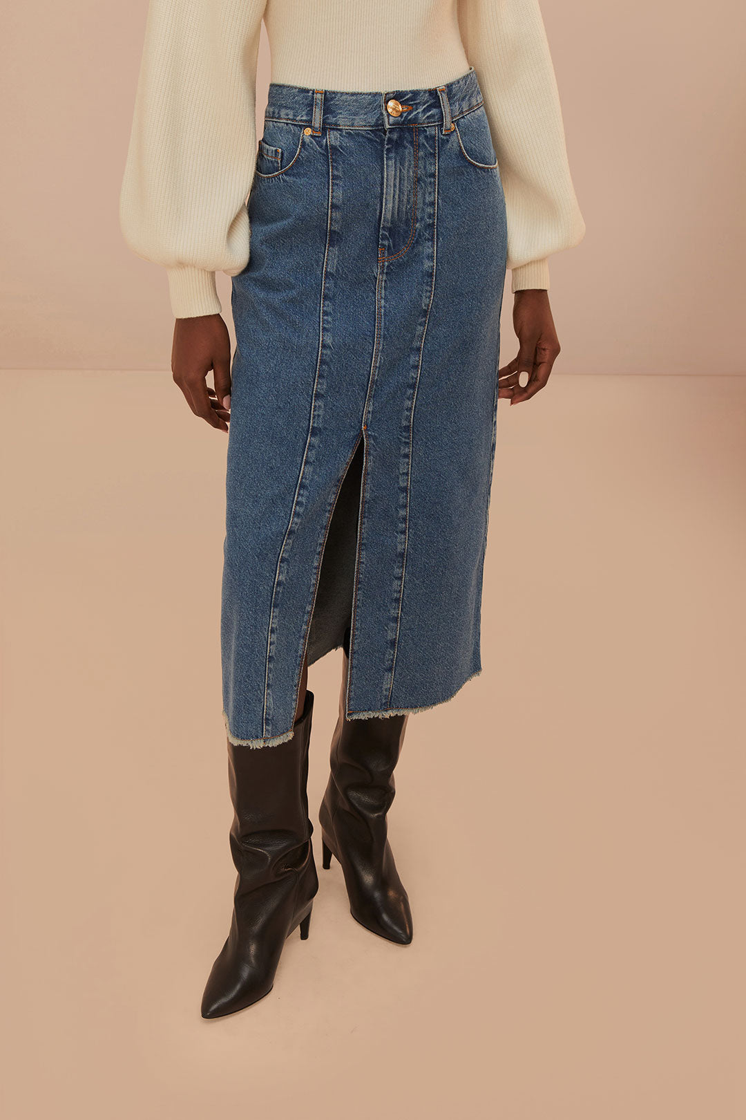 Jupe mi-longue taille basse en jean