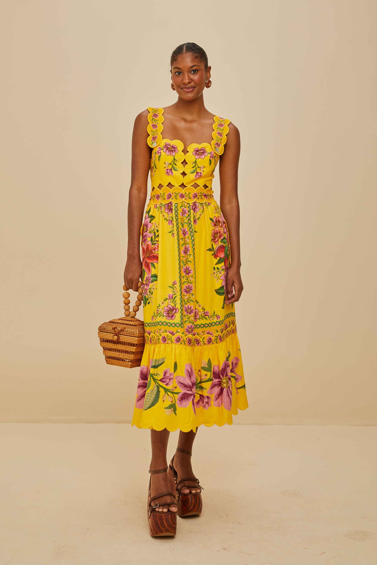 Yellow Summer Fruit Scarf LENZING™ ECOVERO™ Euroflax™ Midi Dress