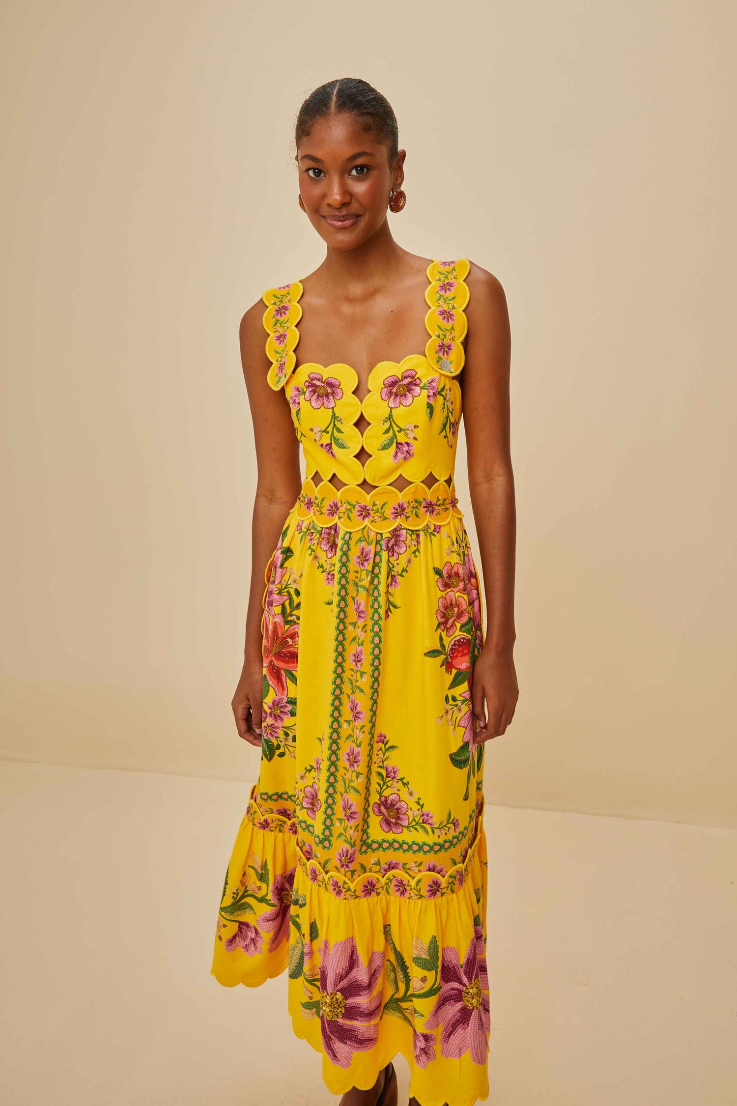 orange fruit garden scarf midi dress Yellow Summer Fruit Scarf Midi Dress FARM Rio