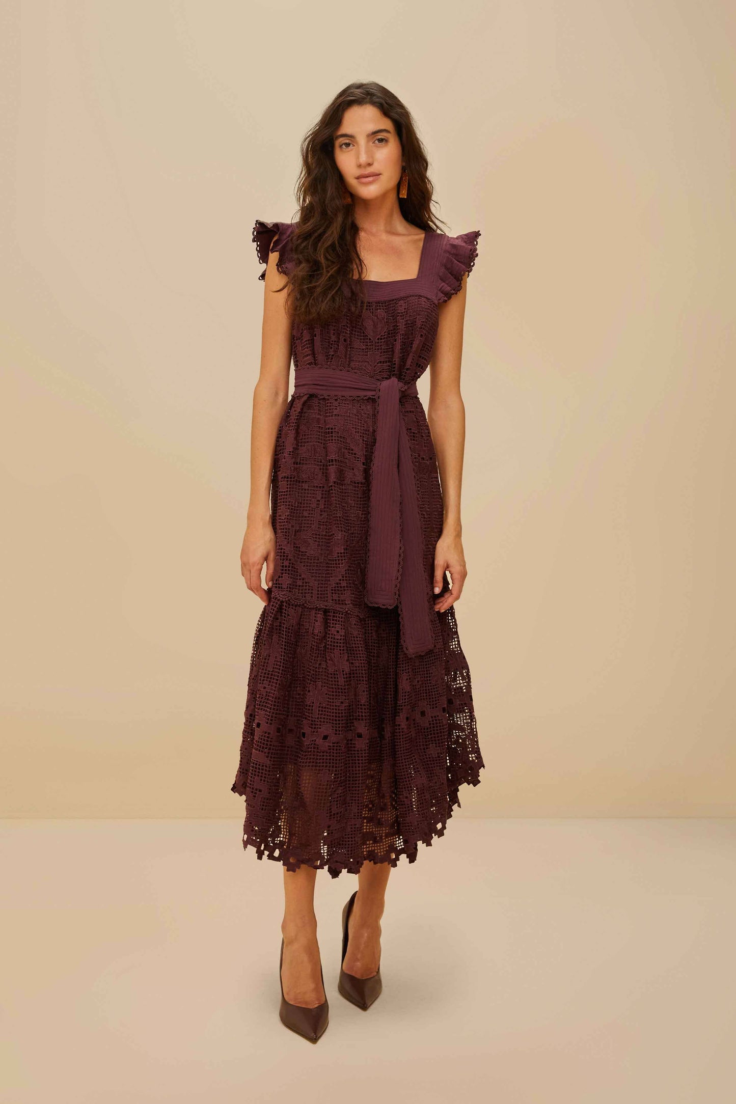 ROBE MIDI MARRON GUIPURE ANANAS