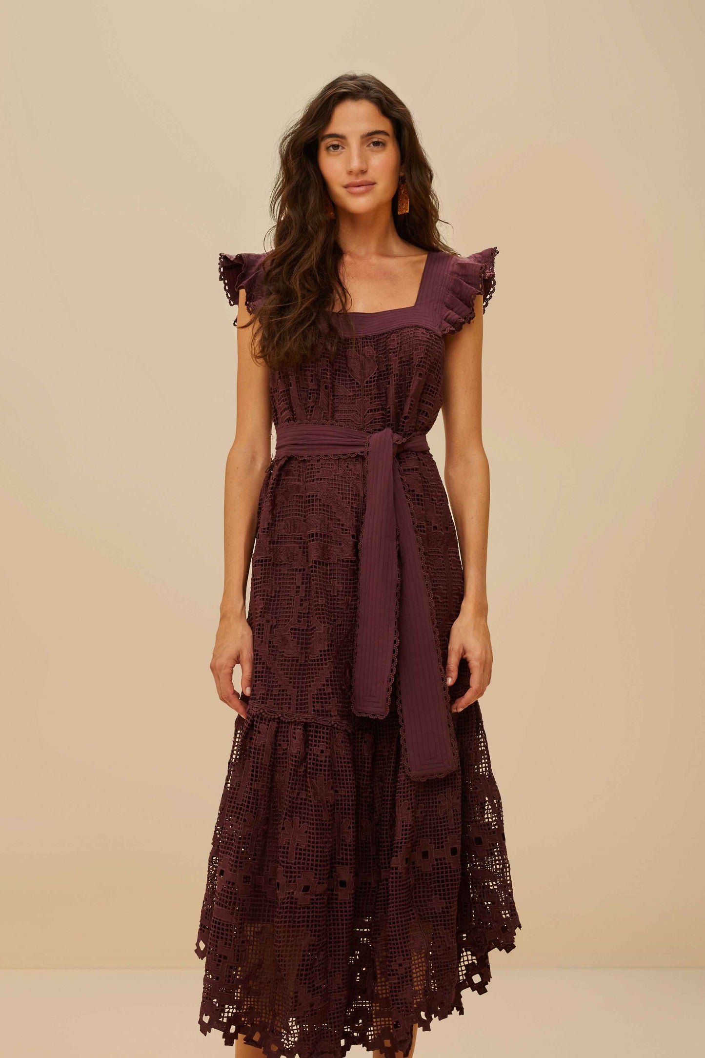 ROBE MIDI MARRON GUIPURE ANANAS