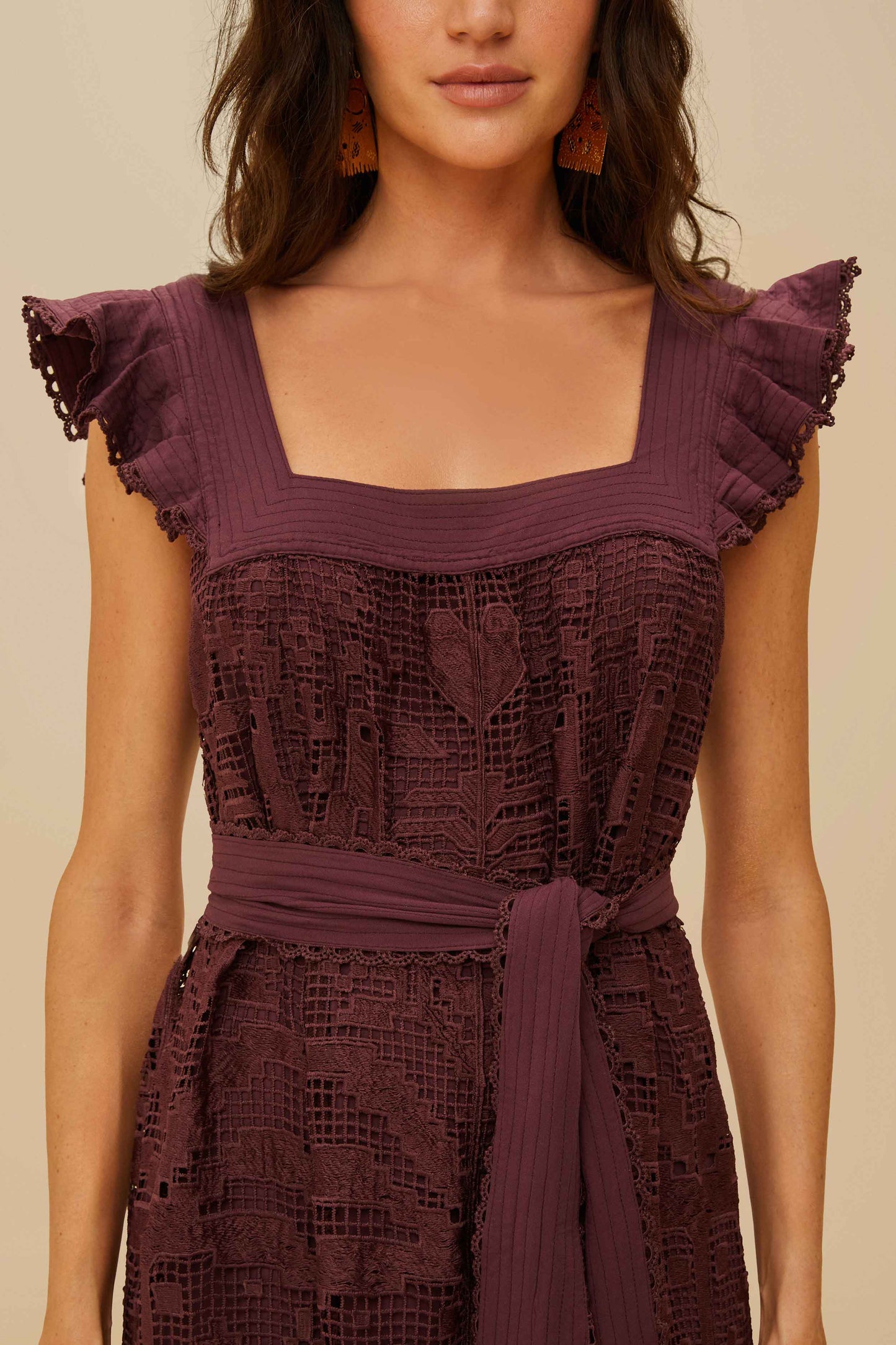 ROBE MIDI MARRON GUIPURE ANANAS