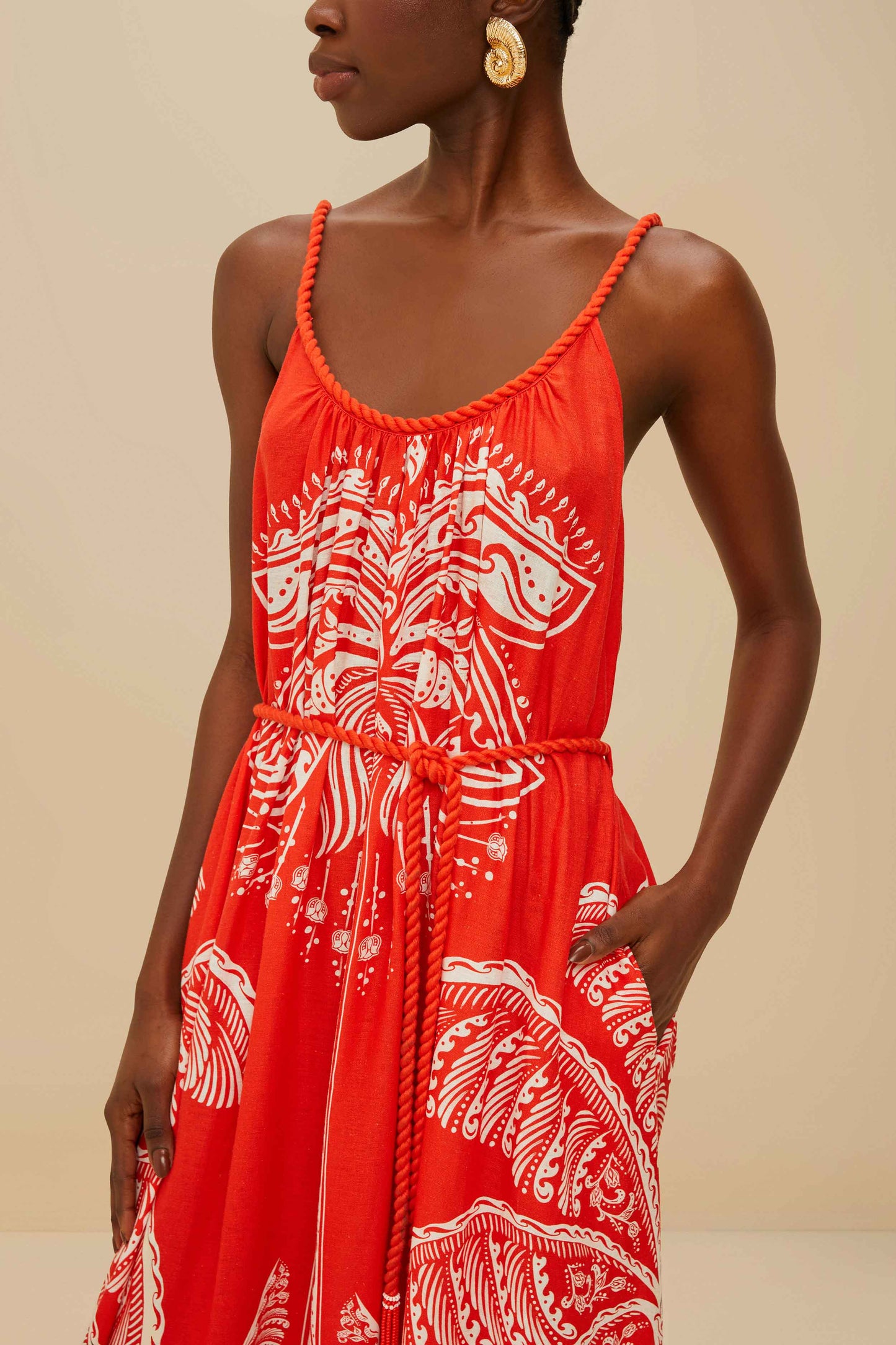 red coconut tree mini dress Farm Rio Majestic Coconut Tree Premium Linen Mini Dress - Majestic Coconut Tree Red