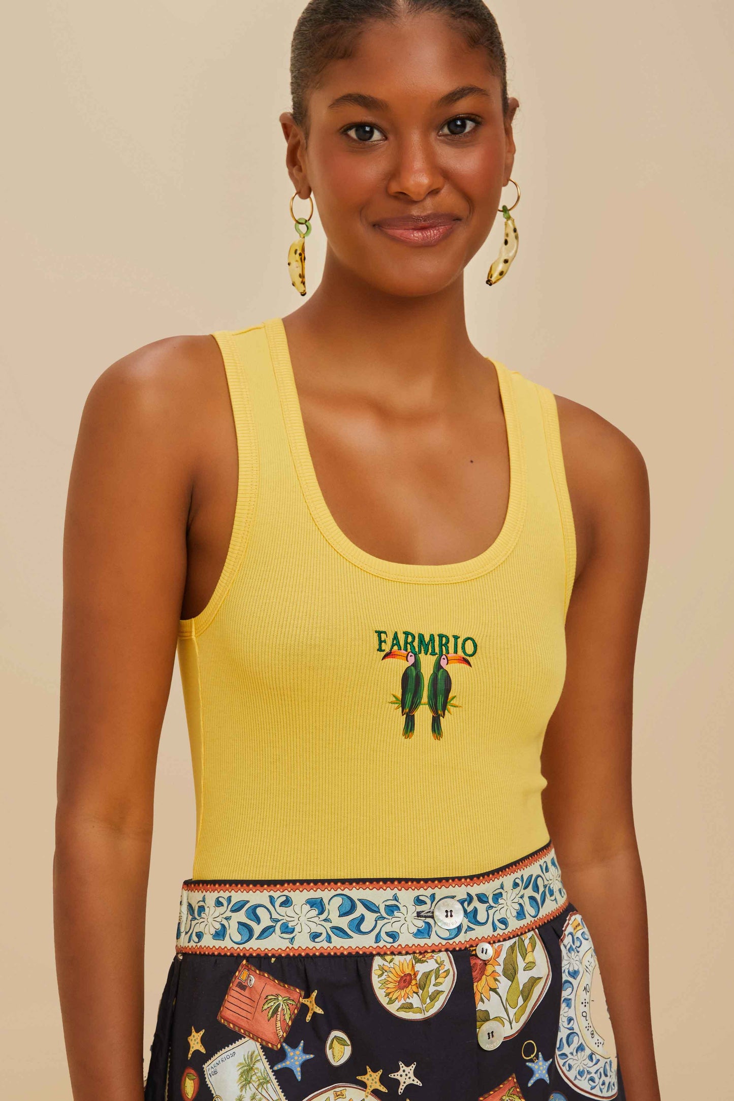 Débardeur en coton biologique Farmrio jaune à motif toucan