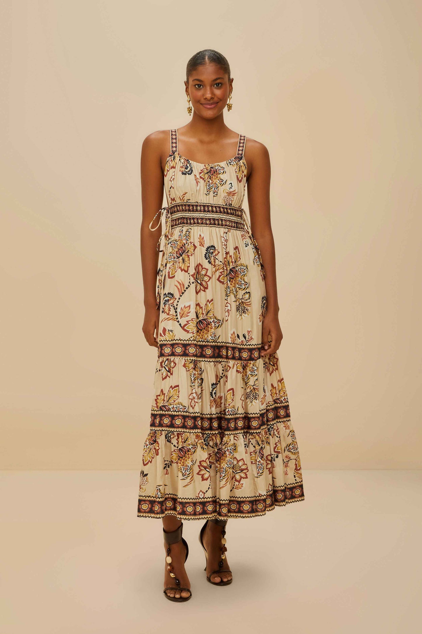 Sand Aura Floral Sleeveless Midi Dress