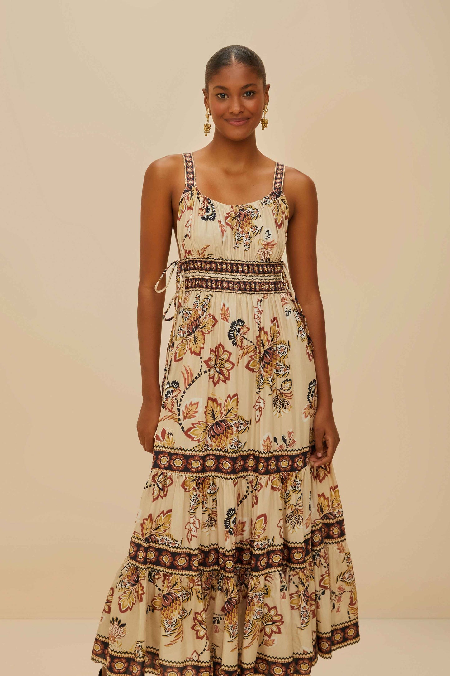 Sand Aura Floral Sleeveless Midi Dress