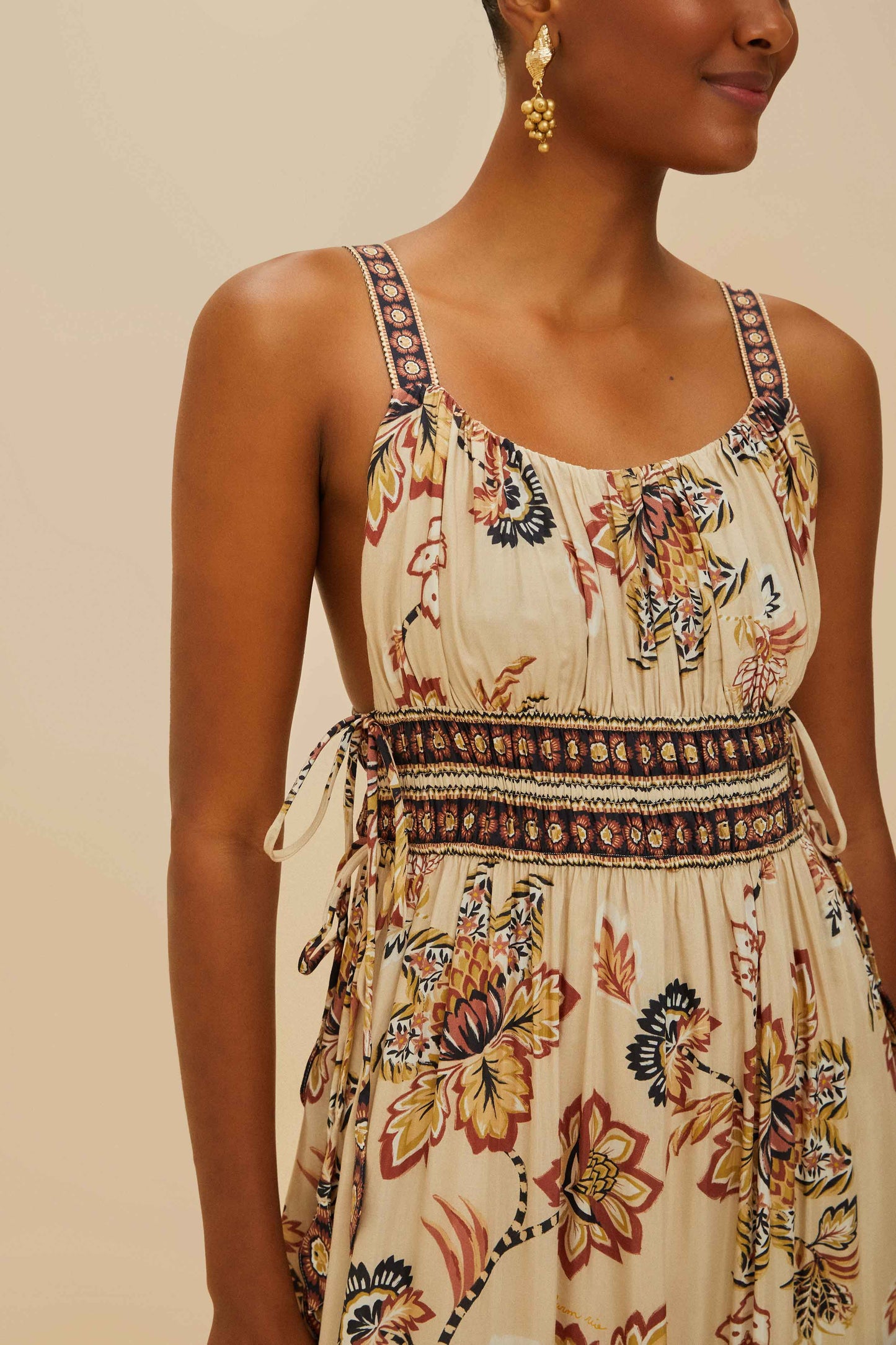 Sand Aura Floral Sleeveless Midi Dress