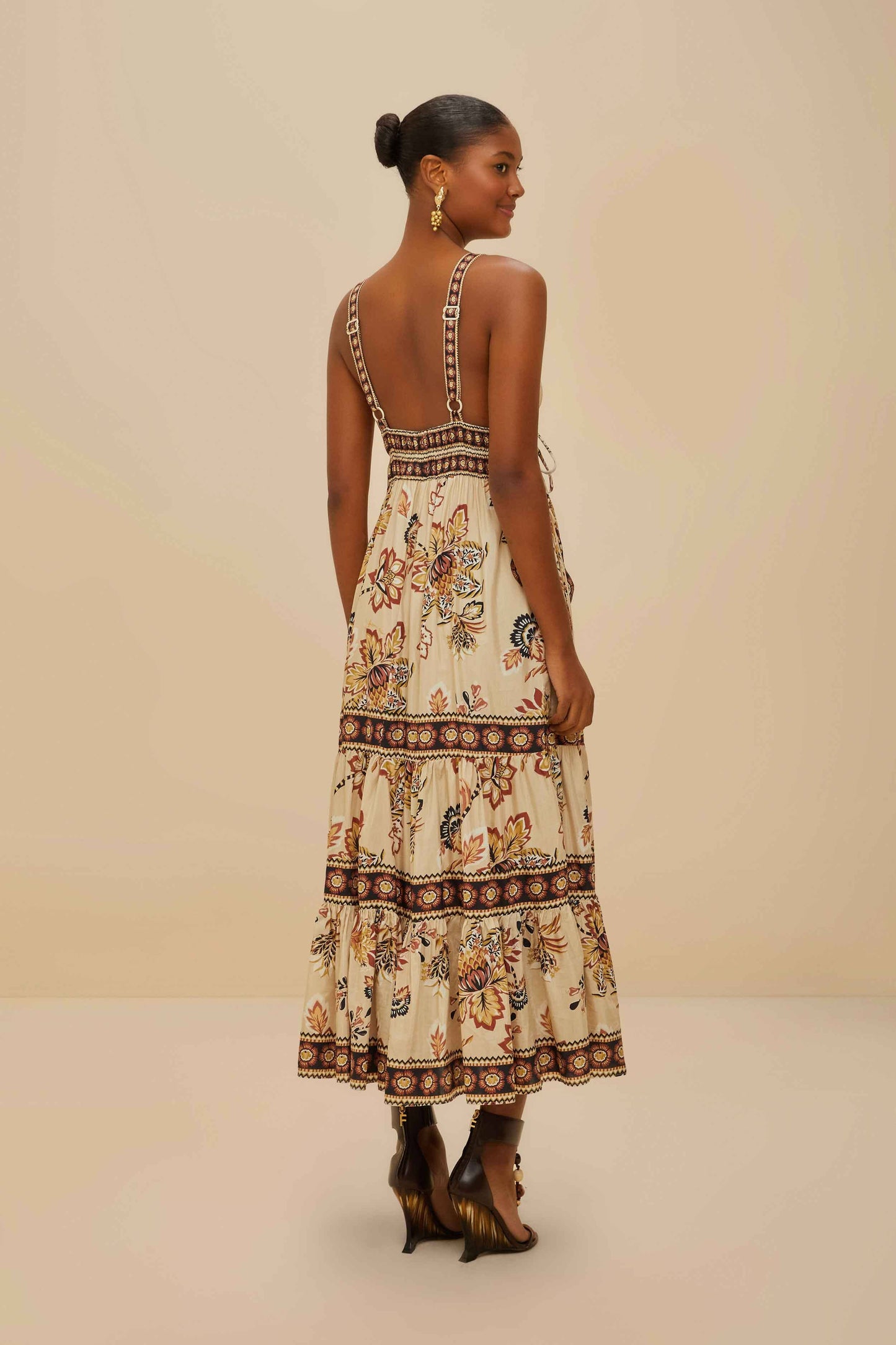 Sand Aura Floral Sleeveless Midi Dress