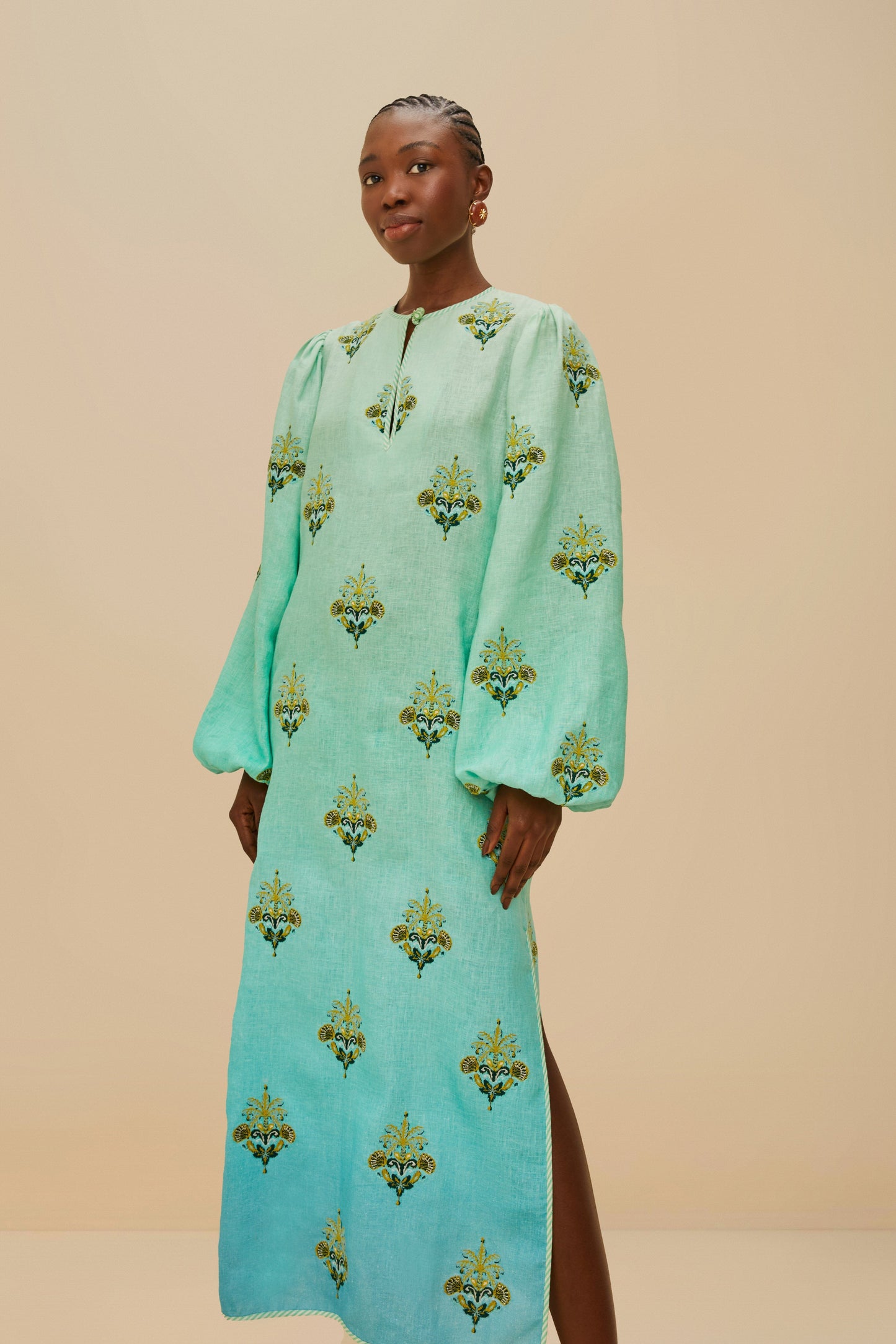 Turquoise Palm Tree Tapestry Embroidered Tunic