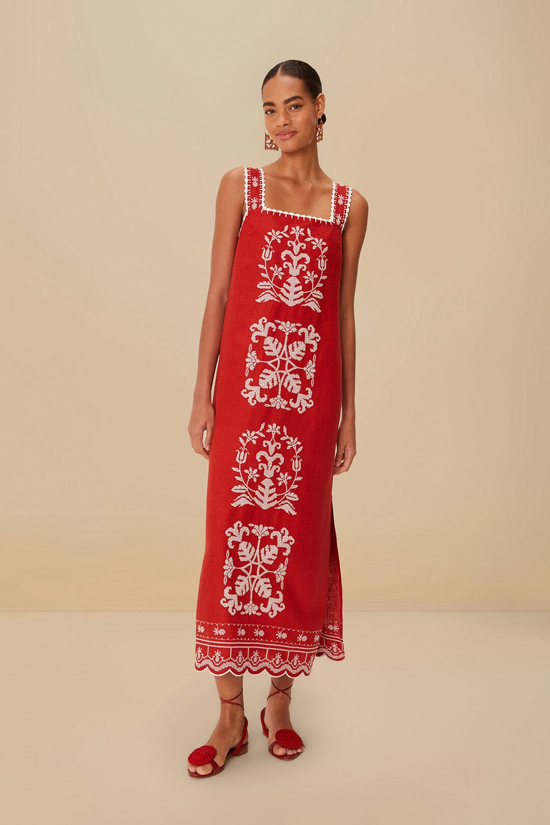 Red Tropical Cross Stitch Embroidered Euroflax™ Premium Linen Midi Dre – FARM  Rio