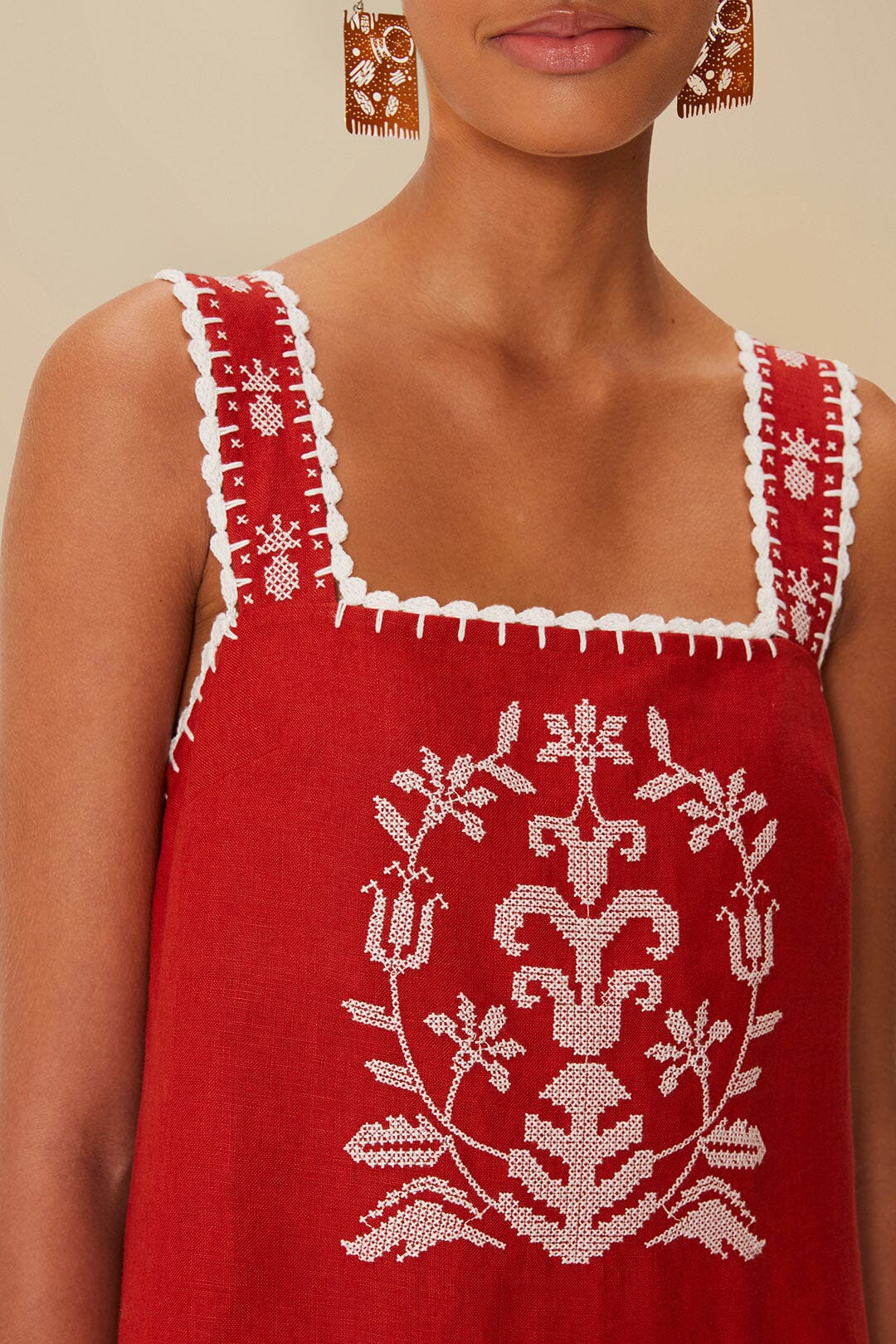 Robe midi en lin premium Euroflax™ brodée au point de croix rouge tropical