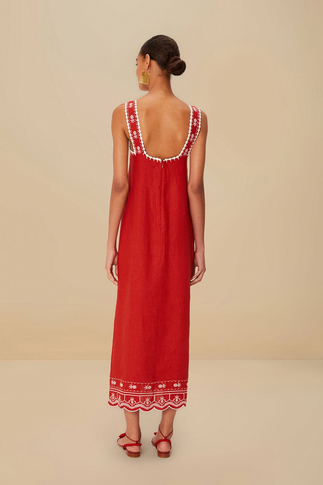 Robe midi en lin premium Euroflax™ brodée au point de croix rouge tropical