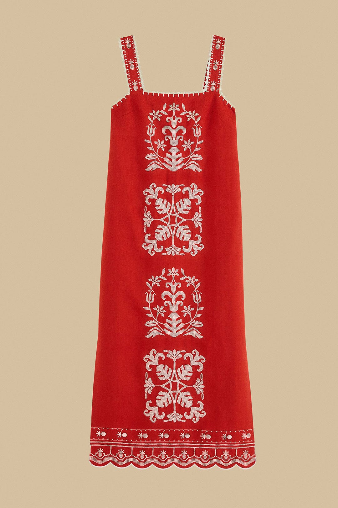 Red Tropical Cross Stitch Embroidered Euroflax Premium Linen Midi Dre FARM Rio Red Tropical Cross Stitch Embroidered Euroflax Premium Linen Midi Dre FARM Rio