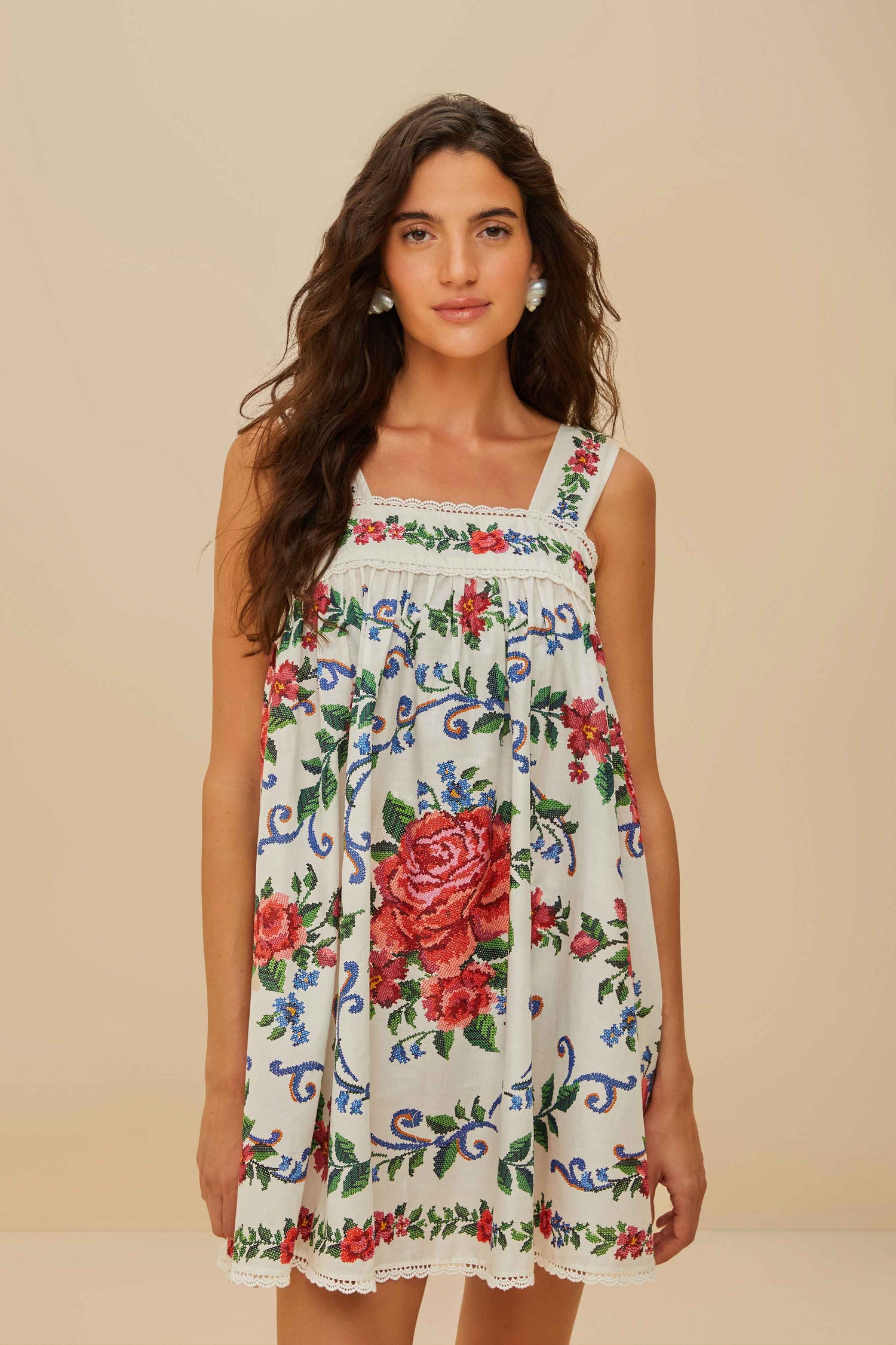 flower fan tapestry off white mini dress Flower Fan Tapestry Off-White Mini Dress FARM Rio