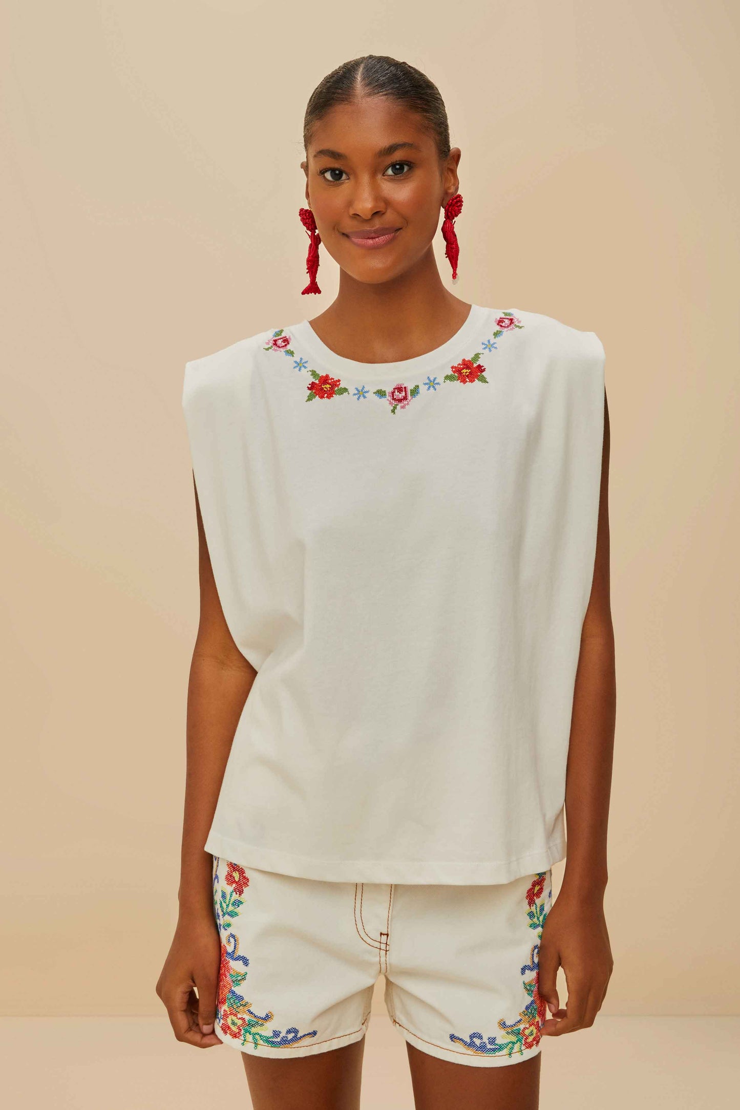 Off-White Cross Stitch Flowers Organic Cotton T-Shirt