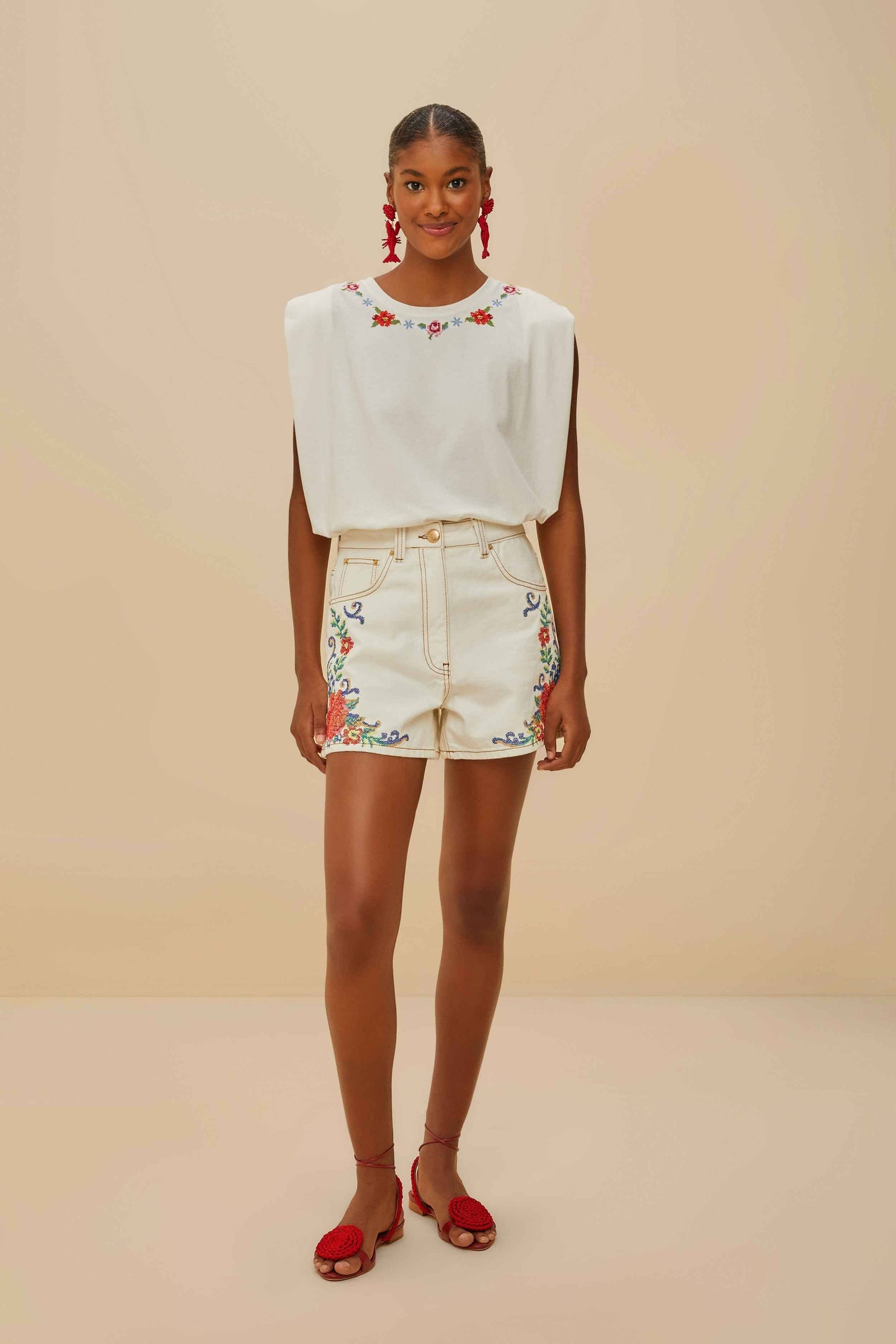 Off-White Cross Stitch Flowers Organic Cotton T-Shirt