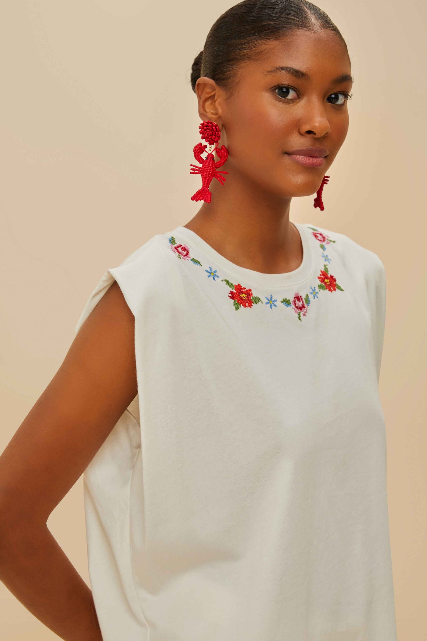 Off-White Cross Stitch Flowers Organic Cotton T-Shirt