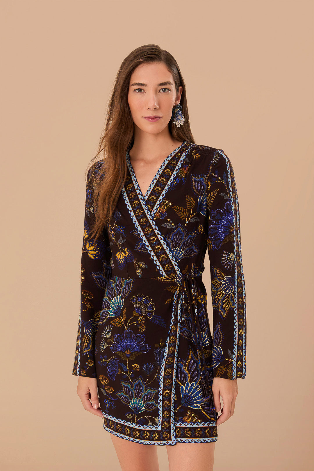 Brown Embroidered Garden LENZING™ ECOVERO™ Viscose Wrap Mini Dress