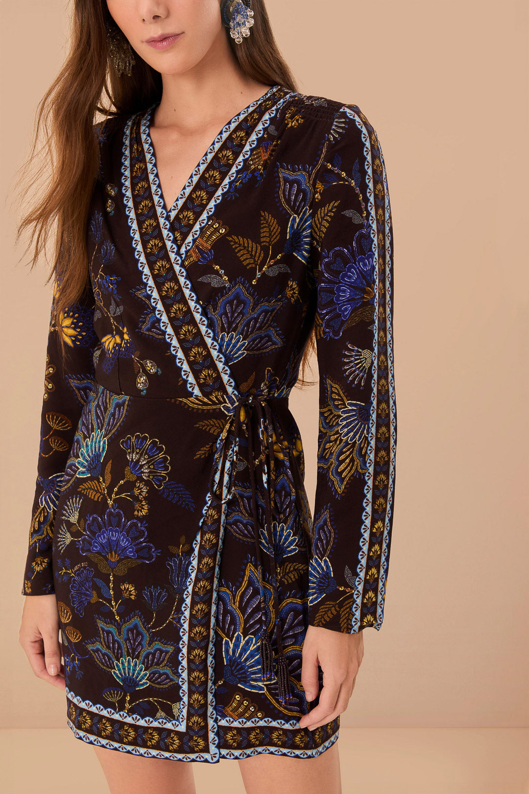 Brown Embroidered Garden LENZING™ ECOVERO™ Viscose Wrap Mini Dress